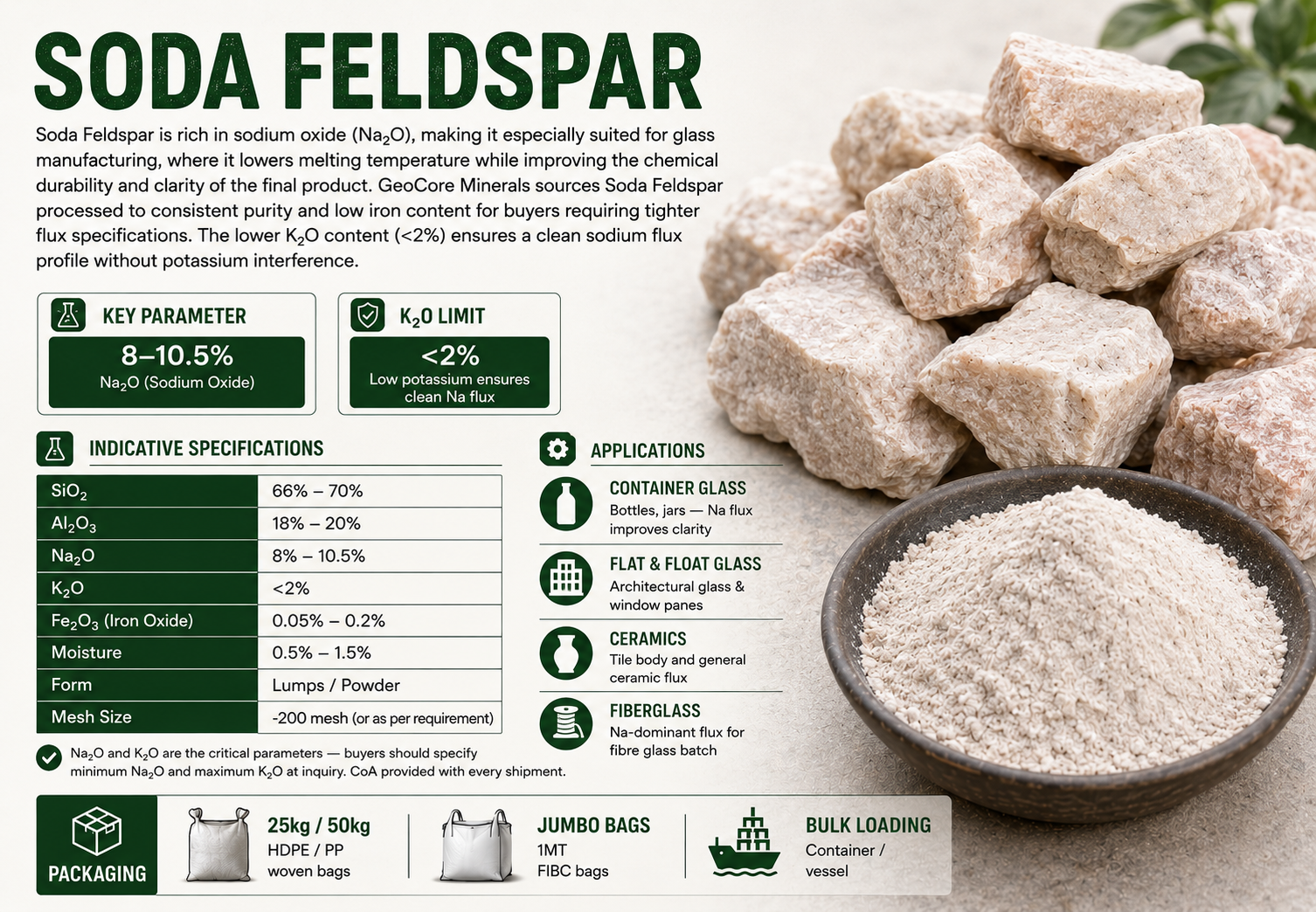 Soda Feldspar Na2O glass grade Rajasthan export